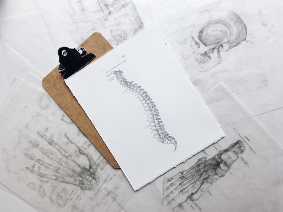brown and black clipboard with white spinal cord print manual and Back Pain